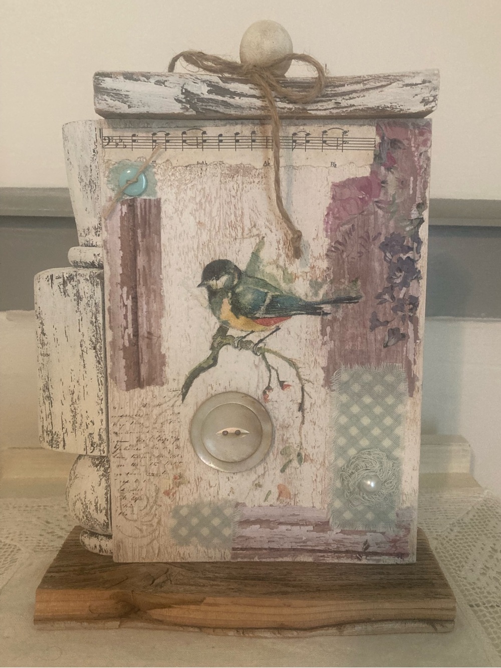 Songbird Mixed Media Accent Decor Decoupage Musical Notes Buttons Patchwork NWOT